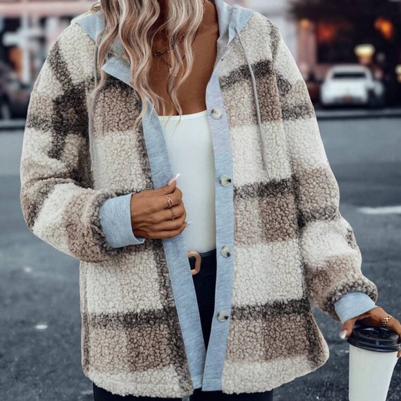 New plaid print button down hoodie jacket - Picture 6 of 6